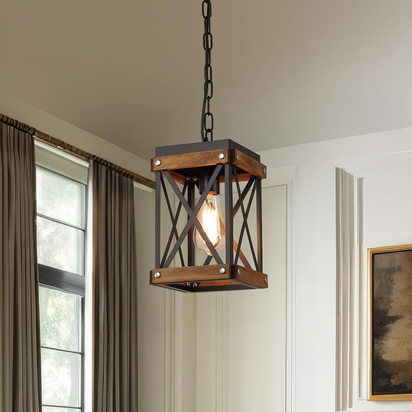 2 Pack Rustic Farmhouse Wood Pendant Light Fixture One-Light Adjustable Chain Oak Wood and Metal Lantern Cage Small Pendant Lighting for Kitchen Island Sink Hallway Farmhouse Bathroom Bar, Black