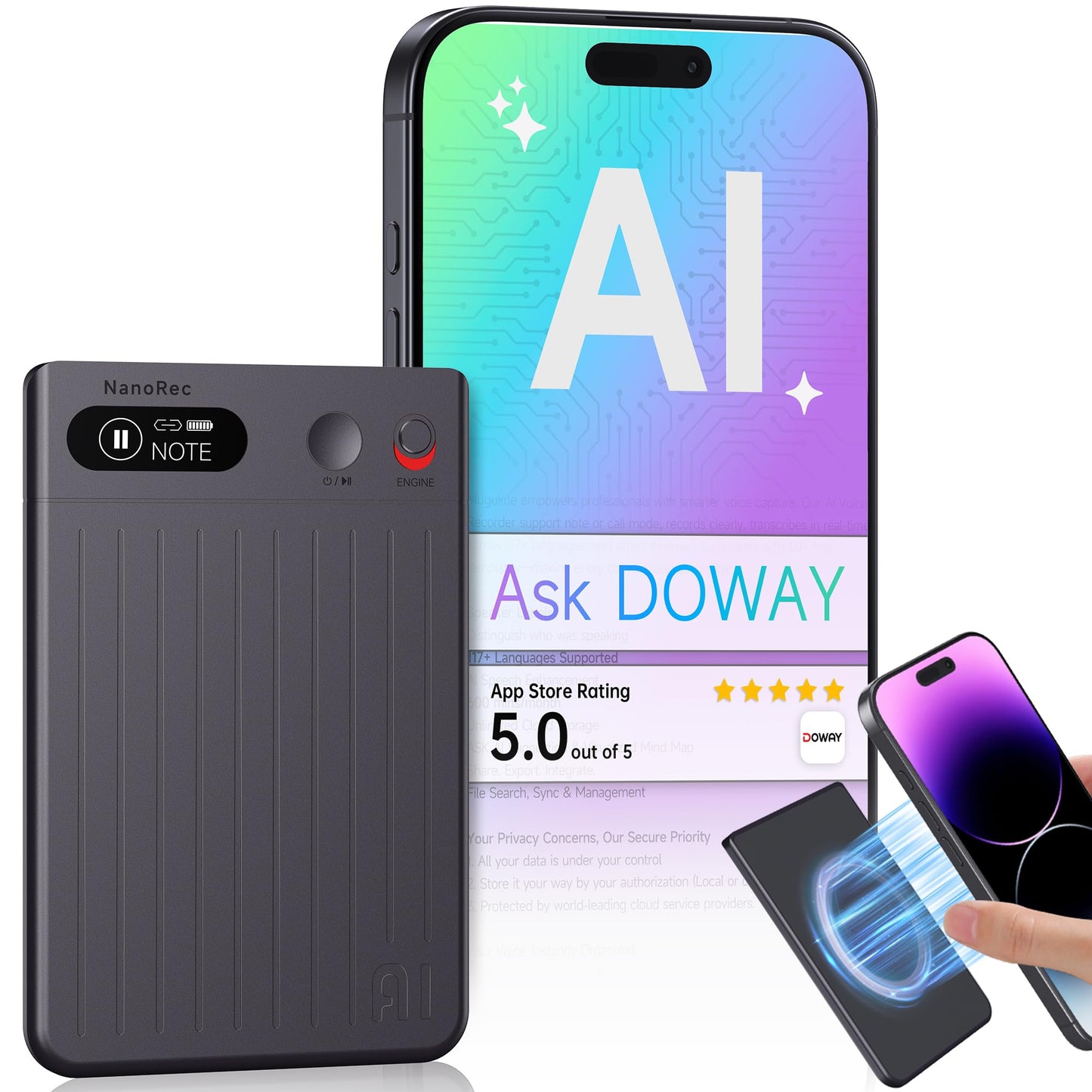 Mugukue AI Voice Recorder, 64GB Audio Note Recorder – 73H Battery, USB-C Fast Charge, Magnetic Clip, 118-Language Transcription, AI Noise Cancellation, App Control, for Lectures, Meetings, Calls- Gray