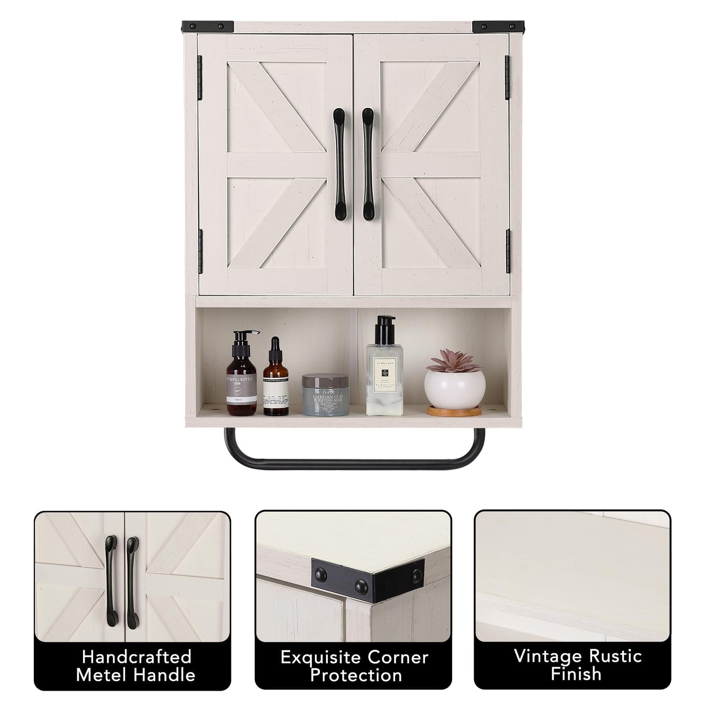 RUSTOWN Farmhouse Wall Storage Cabinet with Two Barn Door, Rustic Mounted Medicine Cabinet with Adjustable Shelf and Towel Bar, 3-Tier Wood Cabinet for Kitchen, Bathroom, Living Room (Washed Oak)