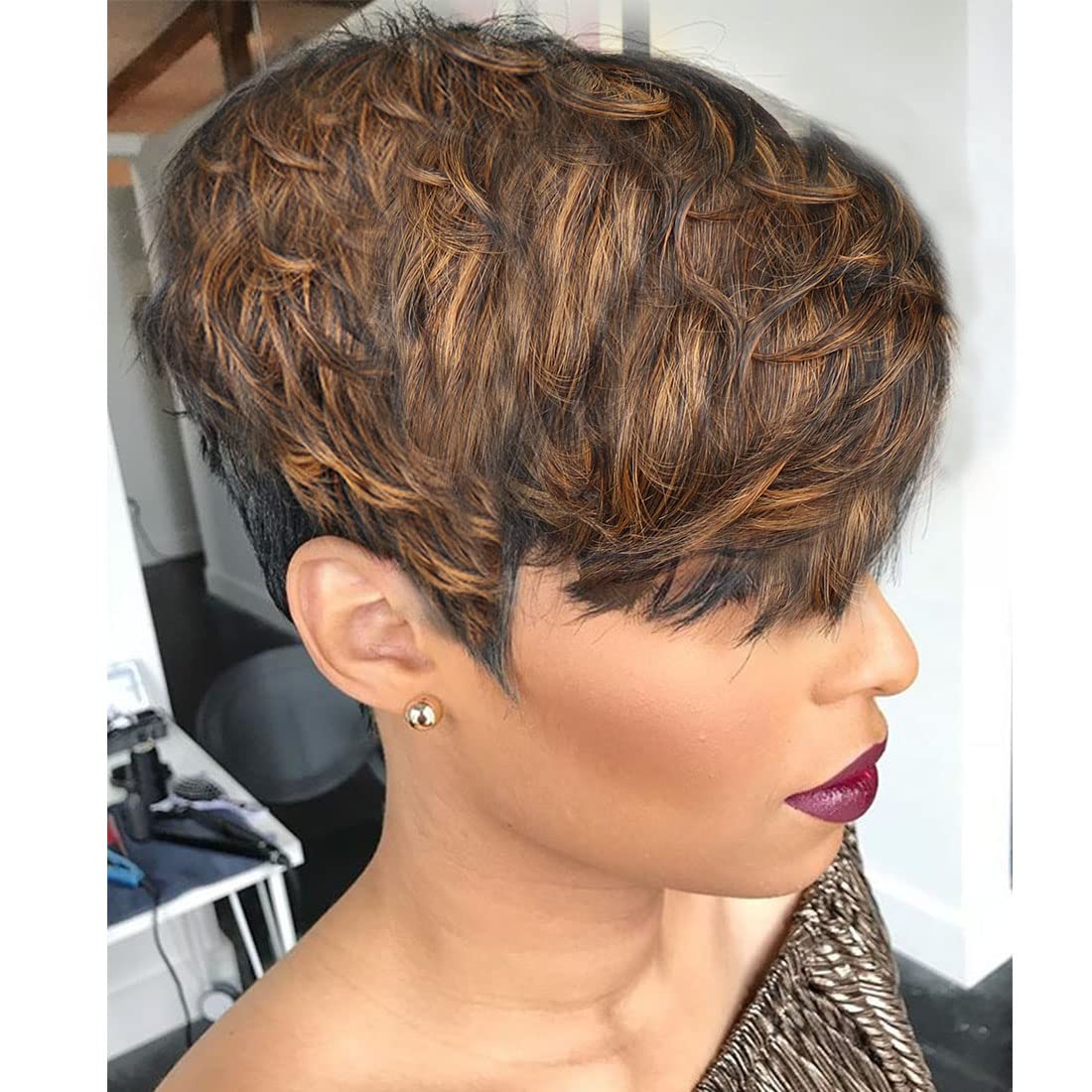 Yviann Short Human Hair Wig for Women Pixie Cut with Auburn Brown Ombre Top Similar to #30 Short Layered Wavy Curly Wig with Bangs F1B/30