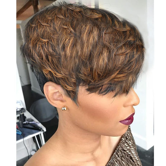 Yviann Short Human Hair Wig for Women Pixie Cut with Auburn Brown Ombre Top Similar to #30 Short Layered Wavy Curly Wig with Bangs F1B/30