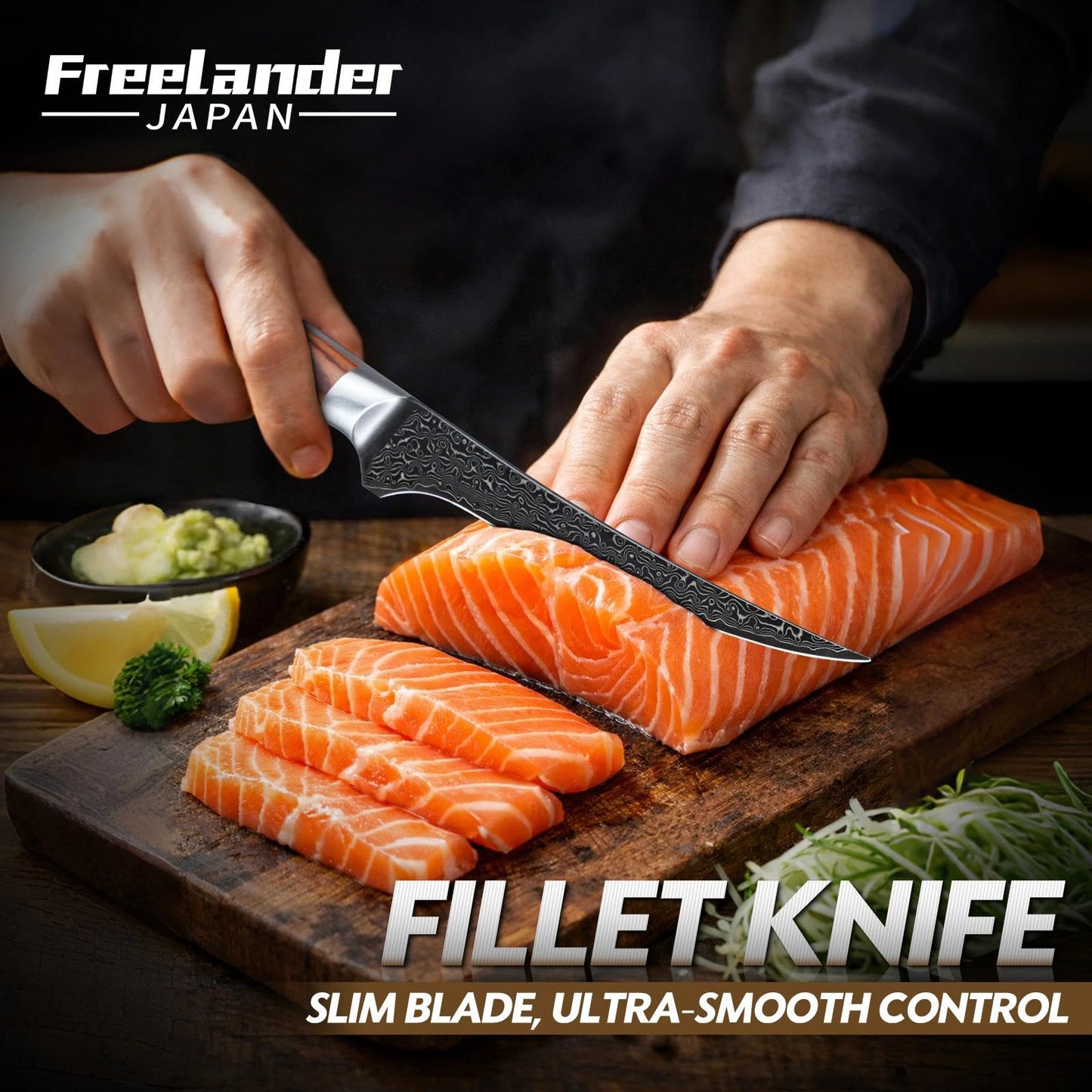 Freelander Damascus Fillet Knife 7", Razor Sharp Boning Knife for Fish, Meat & Poultry, Japanese Filet Knives with Ergonomic Wood Handle, Ideal for Skinning, Deboning & Slicing, Gift Box Included