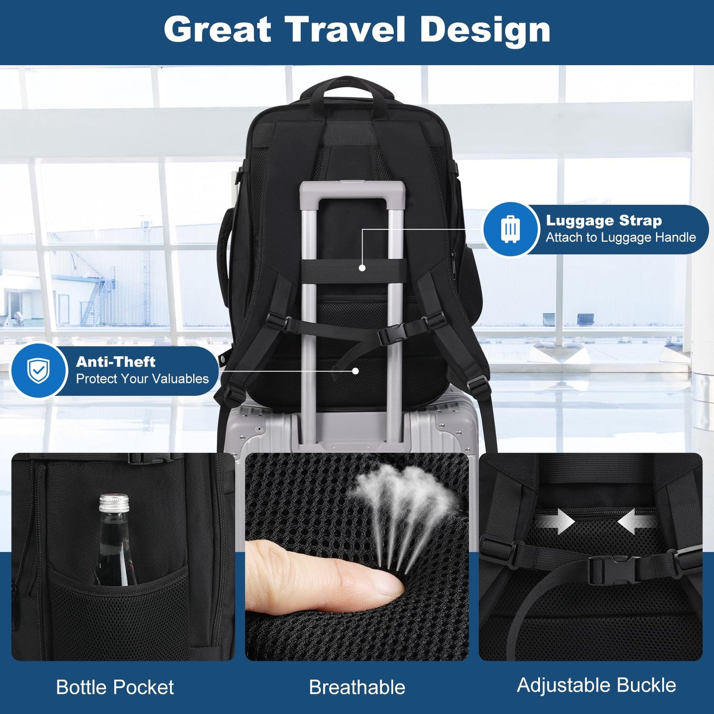 Spacious Travel Backpack,Expandable 1-5 Days Carry on Backpack with USB Cable Port,Fits 17.3" Laptop Notebook,Water Resistant Weekender Backpack for Men Women Bussiness Trips,Daily Use,Black