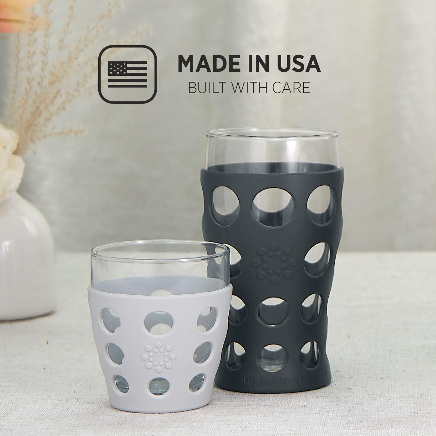 Lifefactory 10-Ounce Beverage Glasses with Protective Silicone Sleeves, 4-Pack, Stone Gray