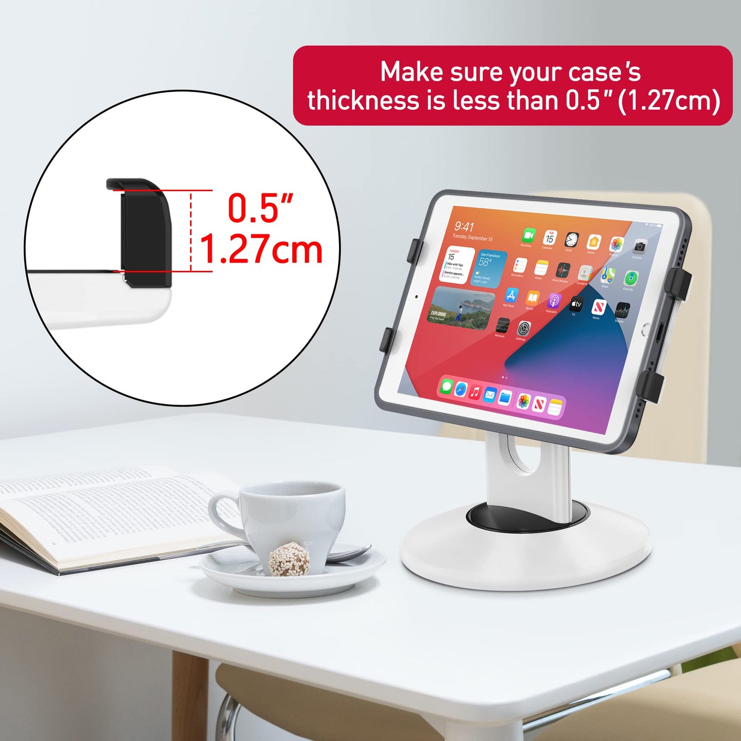 AboveTEK Retail Kiosk iPad Stand, 360° Rotating Commercial POS Tablet Stand, Fits 6"-13" (Screens) iPad Mini Pro-Business Swivel Tablet Holder, for Store Office Reception Kitchen Desktop (White)