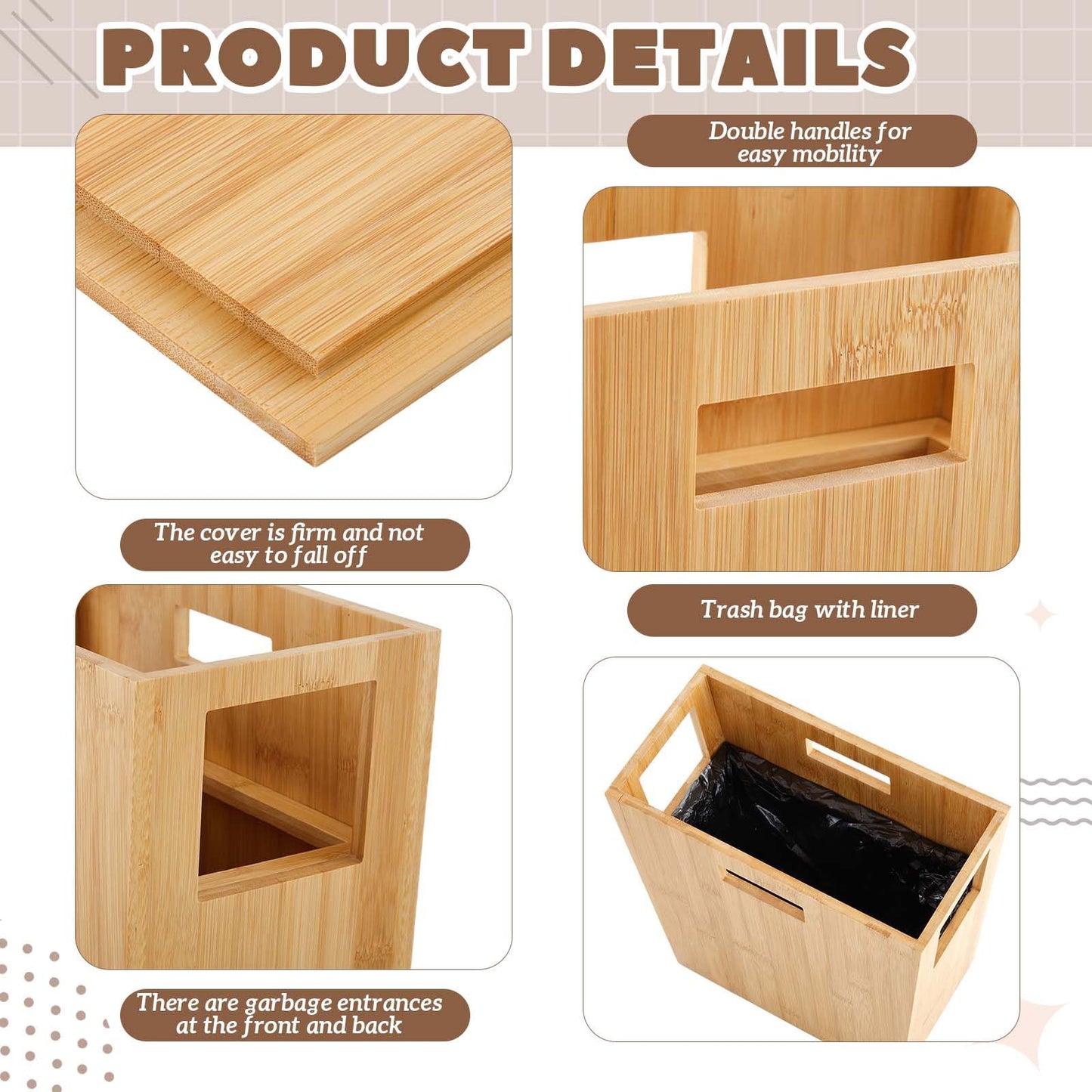 Reallnaive Slim Bamboo Trash Can for Bathroom Small Wooden Trash Can with Lid Wooden Waste Bin with Handle for Bathroom, Home, Office, Laundry, Bedroom, Kitchen, Living Room,12.9'' x 6.4'' x 13.3''