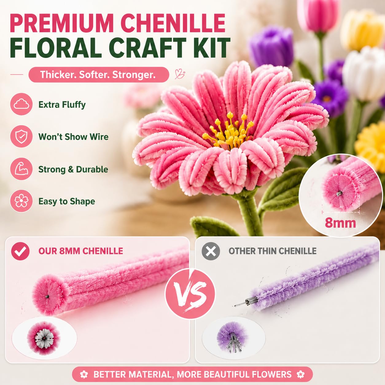 800 Pcs Pipe Cleaners for Crafts,Ultimate DIY Flower Making Kit, Includes Chenille Stems, Stamen, Floral Tape, Ribbon & Craft Wire, Perfect for Bouquet, Home Decoration or Handmade