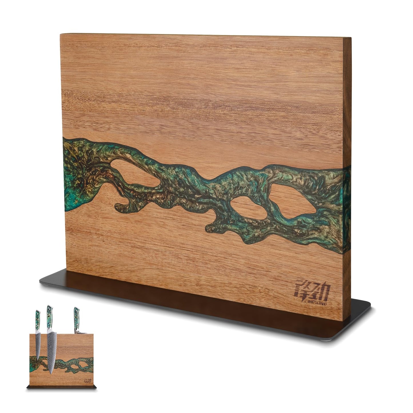 FINDKING Magnetic Knife Block, Double-Sided Knife Holder with Strong Magnets, Acacia Wood and Golden Green Resin, Countertop Kitchen Knife Storage Stand (12 × 10 Inches, Without Knives)
