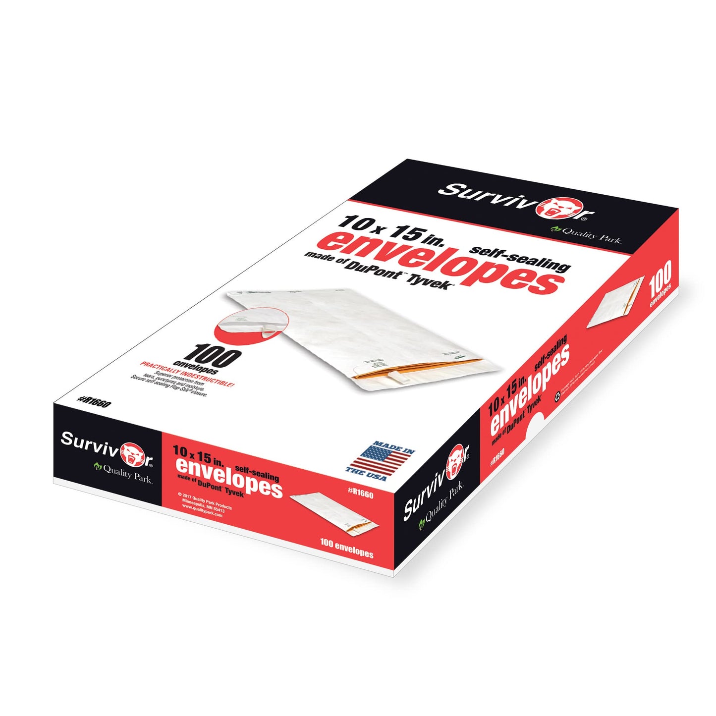 Quality Park QUAR1660 Survivor 10 x 15 Tyvek Catalog Mailer with Self Sealing Closure, 14 lb Puncture, Tear and Moisture Resistant DuPont Tyvek Envelopes, 100 per Box (R1660),White