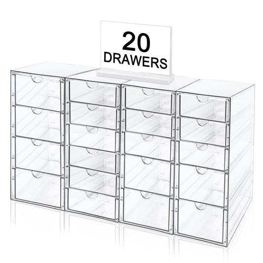 Acrylic Makeup Organizer with 20 Drawers, 4 Set Clear Storage Drawers, Acrylic Drawer Organizer and Storage for Desktop Office Supplies Make Up Pen Hair Accessories