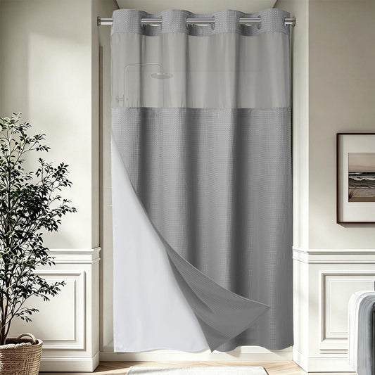 EUTXL Heavyweight Stall No Hook Shower Curtain with Snap in Liner,256GSM Waffle Weave Shower Curtains for Bathroom,60W x 74H,Grey
