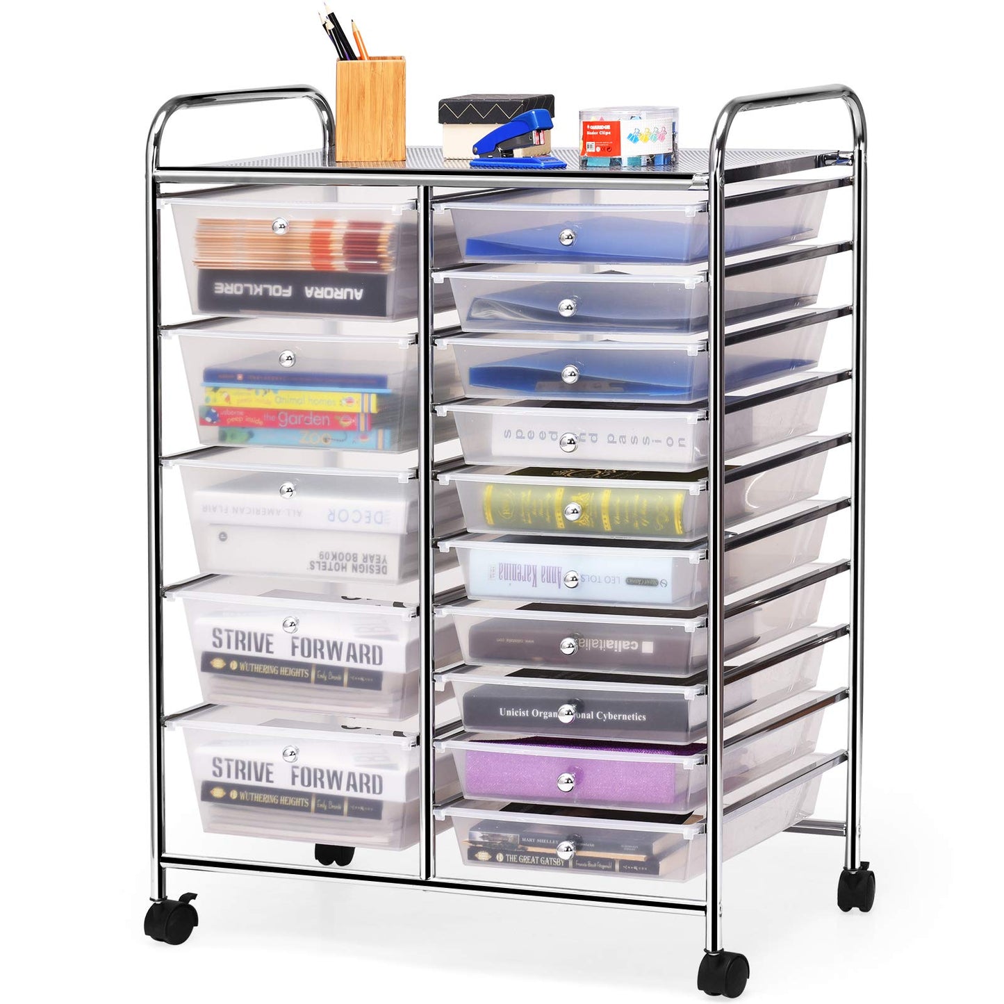 Fireflowery Rolling Cart with Drawers, Multipurpose Movable Craft Storage Cart, Plastic Utility Cart with Drawers for Rolling Cart for Teachers, Rolling Drawers for Home, School, Office (Clear)