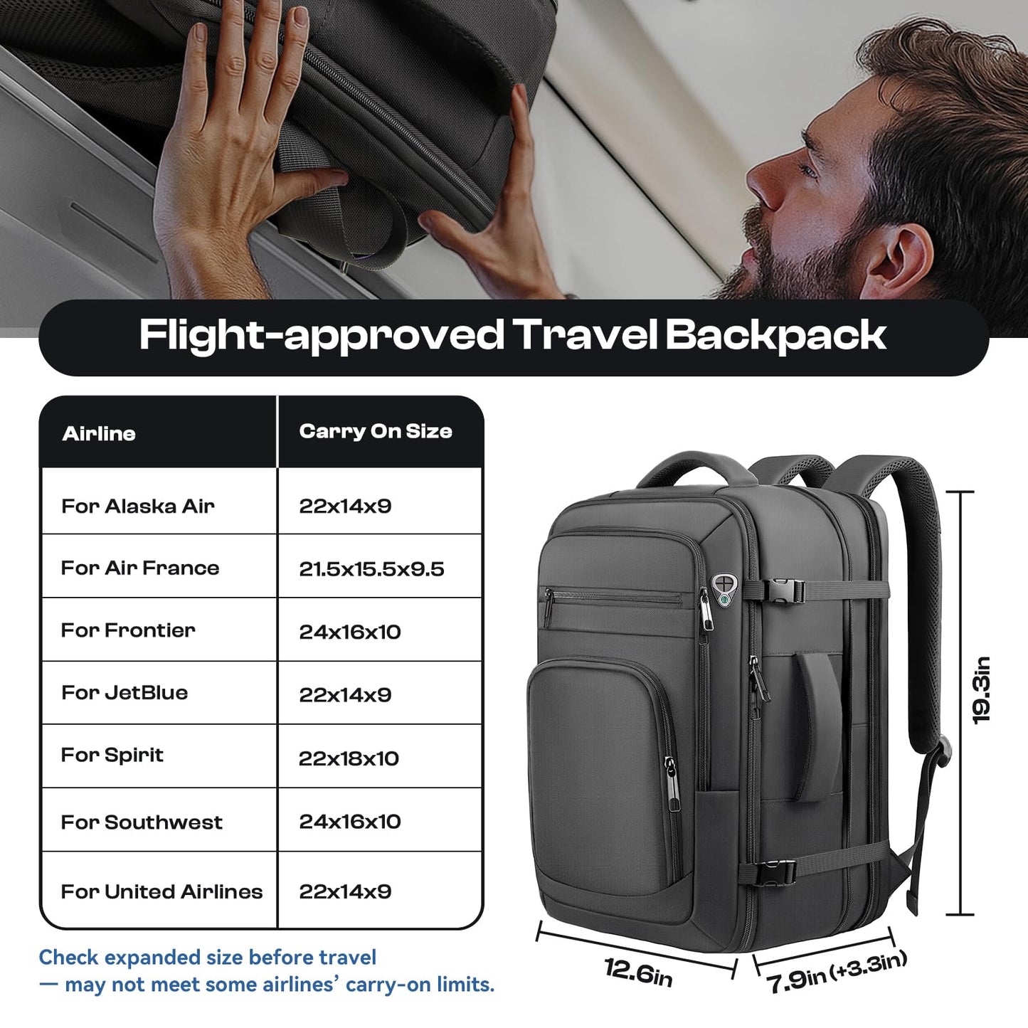 Roomy Travel Backpack, Expandable 40L-50L Carry On Backpack For 17.3" Laptop,TSA Flight Approved Business Travel Backpack w/ Multiple Organizer Pockets for Work,Overnight Trip,College &Daily Commuting