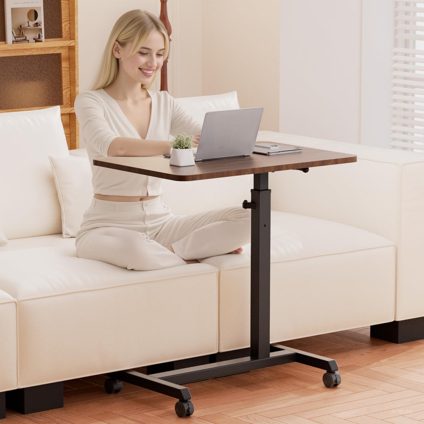GTPLAYER Small Standing Desk, 24 Inches Foldable Mobile Rolling Laptop PC Table with Lockable Casters, Adjustable Height Overbed Bedside Table Computer Workstation for Home Office, Dark Brown-Foldable