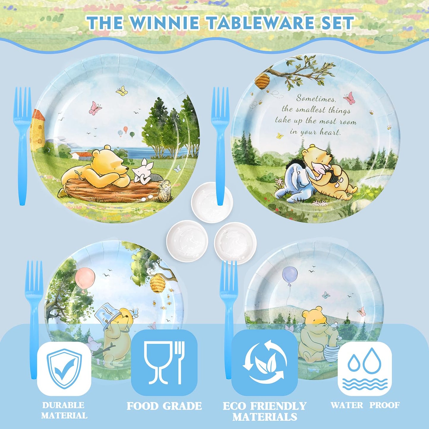 Vistico 300 Pcs Winnie Bear Baby Shower Plates and Napkins Tableware Set, Plates Napkins Cups Straws and Forks Sets, Winnie Baby Shower Decorations Birthday Party Supplies, Serves 50 Guests