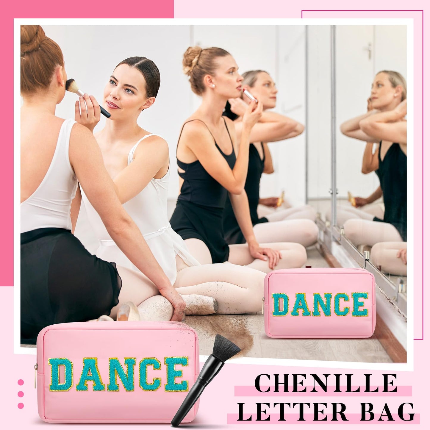 Clysee 12 Pcs Cosmetic Cheer Bag Bulk with Chenille Letter Patches Gifts Nylon Makeup Bag Portable Toiletry Zipper Pouch for Cheerleader Women Travel Accessories(Novel Colors,Dance)