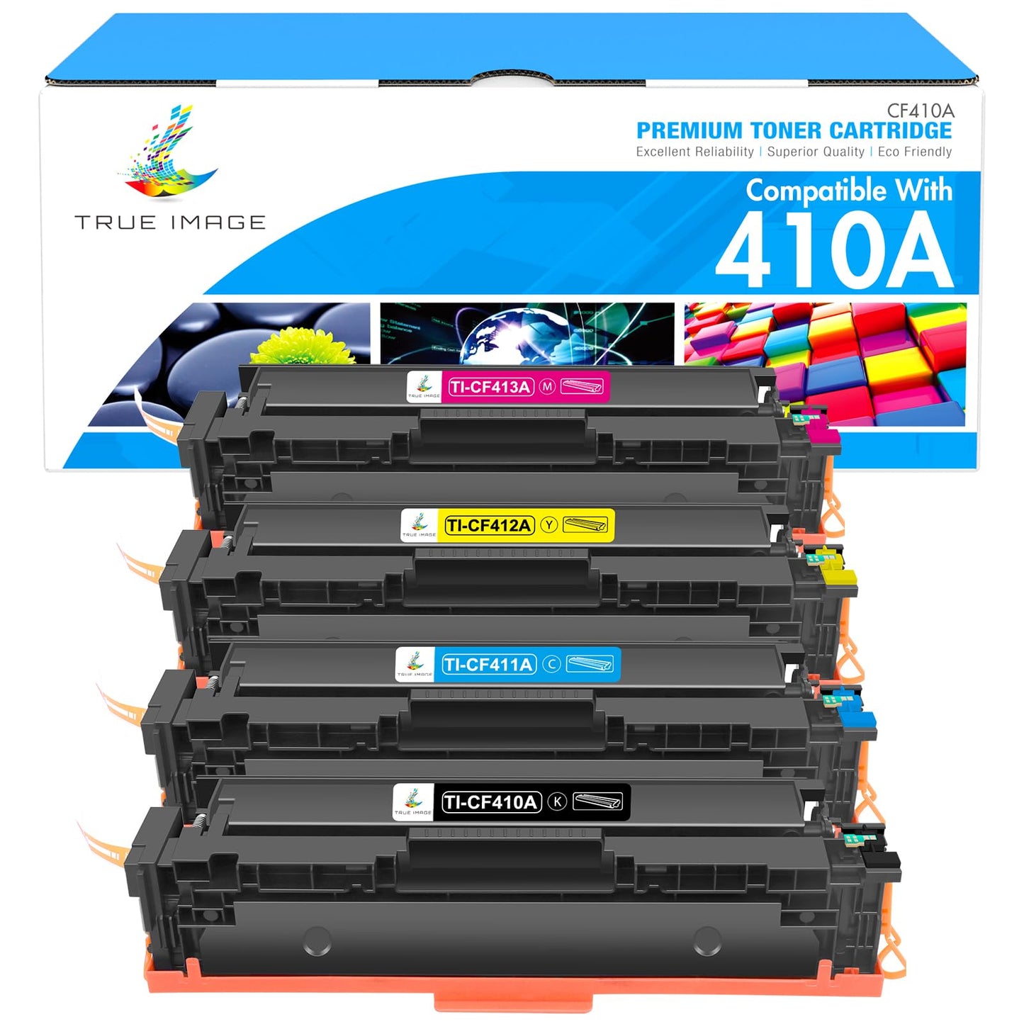 TRUE IMAGE Compatible Toner Cartridge Replacement for HP 410A 410X CF410A CF411A CF412A CF413A Color Pro MFP M477fnw M477fdw M477fdn M452dn M452nw M477 Printer (Black Cyan Yellow Magenta, 4-Pack)