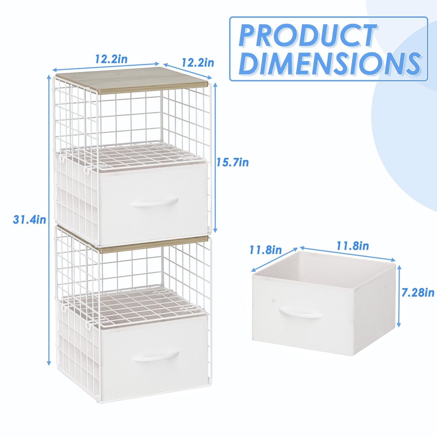 2 Pack Stackable Storage Drawers, Closet Organizers and Storage Shelves with Wooden Top & Adjustable Dividers, White Fabric Closet Drawer Organizer, Modular Storage Bins for Bedroom Wardrobe Apartment