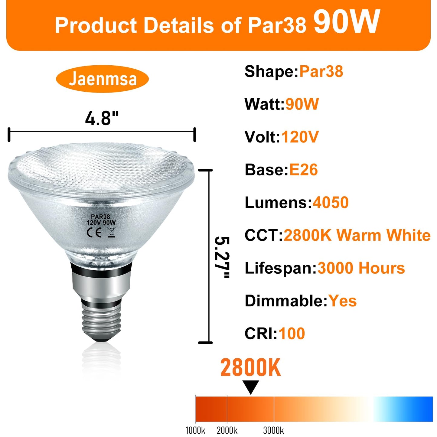 Jaenmsa PAR38 Halogen Flood Light Bulbs 90W 120V, Par38 Halogen Light Bulbs 8 Pack for Indoor and Outdoor Floodlight Bulbs PAR38, Reptile Heat Lamp Bulbs with E26 Base, 2800K Warm White, 4050 Lumens