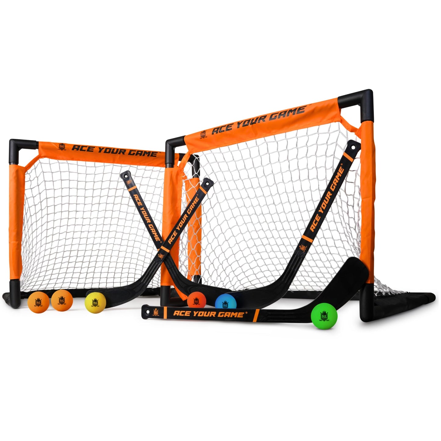 ACE HOCKEY - Mini Knee Hockey Set - Complete 4-Player Indoor/Outdoor Kit - 2 Goals, 4 Sticks, 6 Foam Balls