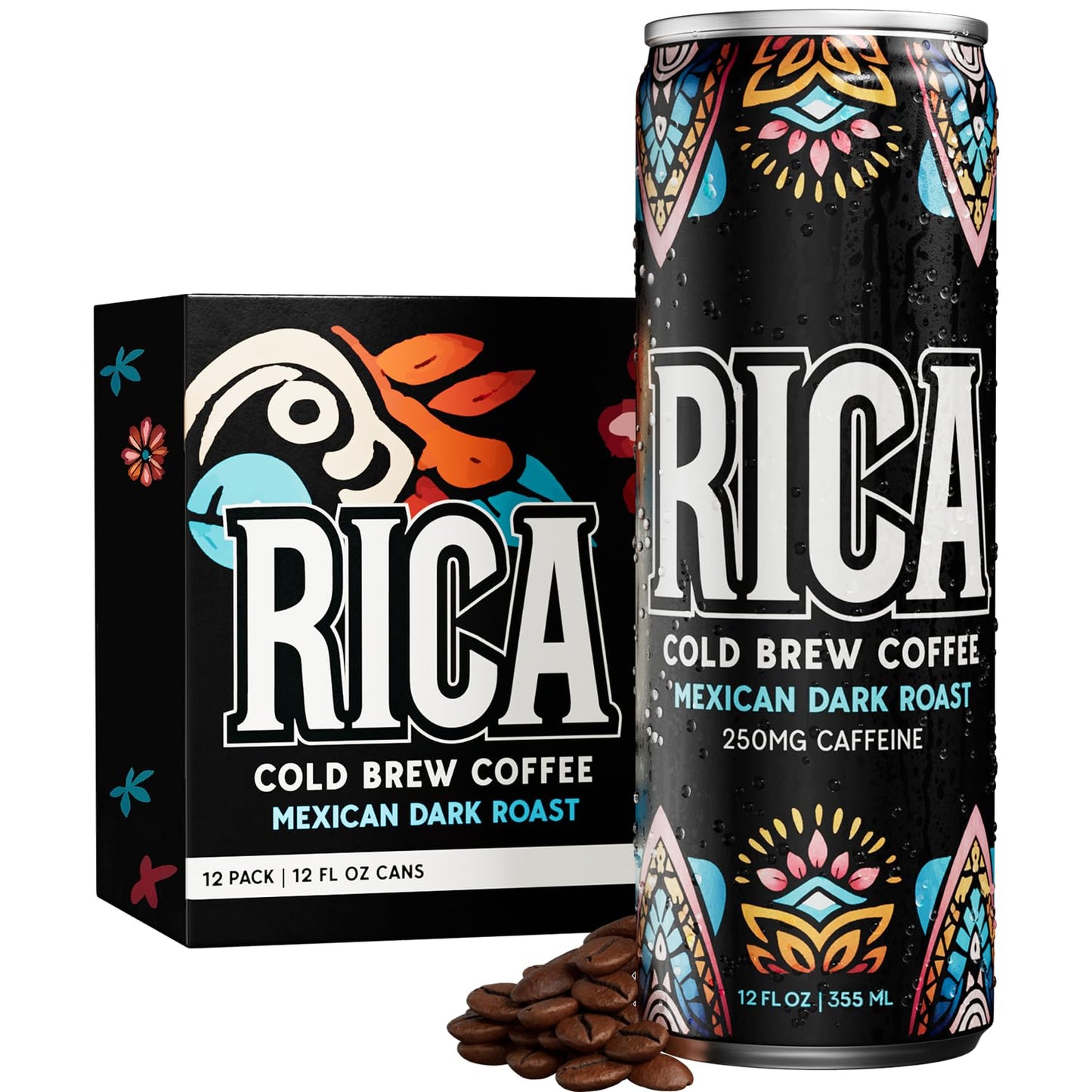 RICA Cold Brew | Mexican Single Origin Dark Roast Coffee From Chiapas | Ready To Drink Black Cold Brew Coffee With 250mg Natural Caffeine | Unsweetened, Low Acid, Shelf Stable 12oz Cans (12 Pack)