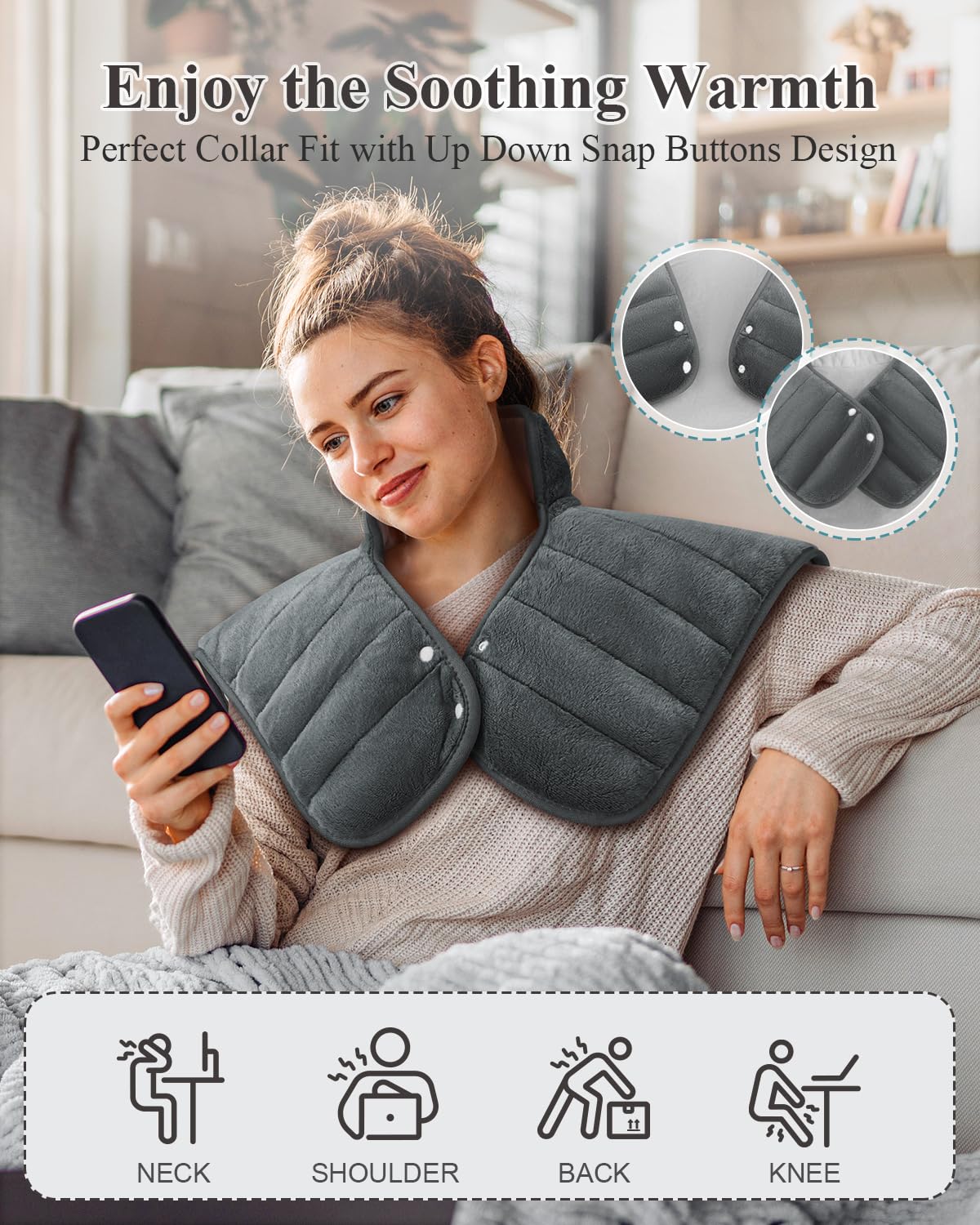 Heating Pad for Neck and Shoulders and Back, Mothers Day Gifts for Mom, 24 x 23 XL Large Electric Heated Wrap for Pain Relief, Gifts for Her Him, 2lb Weighted, 6 Heat Settings, 4 Timers, Silver Grey