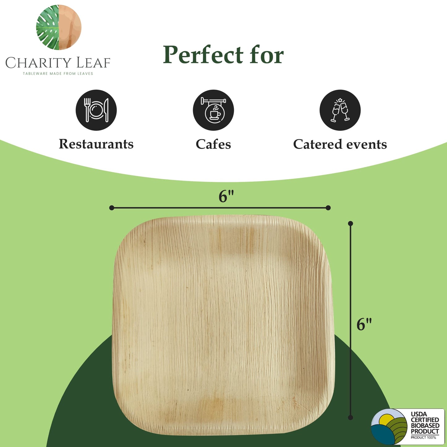 Charity Leaf Disposable Palm Leaf 6" Square Plates (200 pieces) Bamboo Like Serving Platters, Disposable Boards, Eco-Friendly Dinnerware For Weddings, Catering, Events