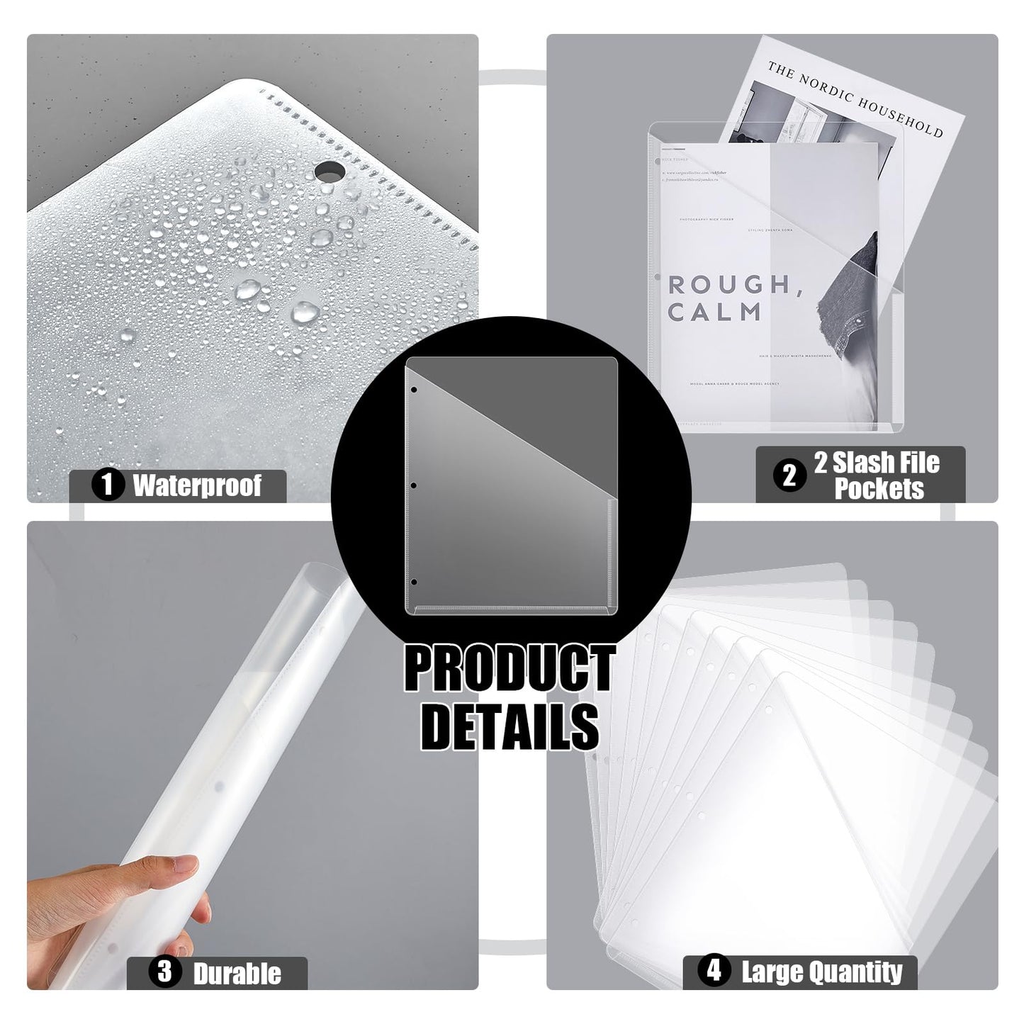 Seajan 48 Pcs 3 Hole Punch Binder Folders 3 Ring Binder Plastic Sleeves Clear Poly Translucent Slash File Jacket Binder Organizer Pockets for Paper Document(White)
