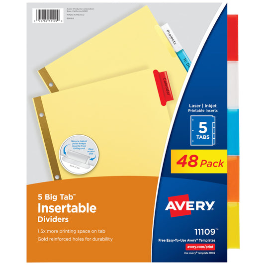 Avery Binder Dividers - 5-Tab Insertable Multicolor Big Tabs for Binders, 48 Sets of Dividers (11109)