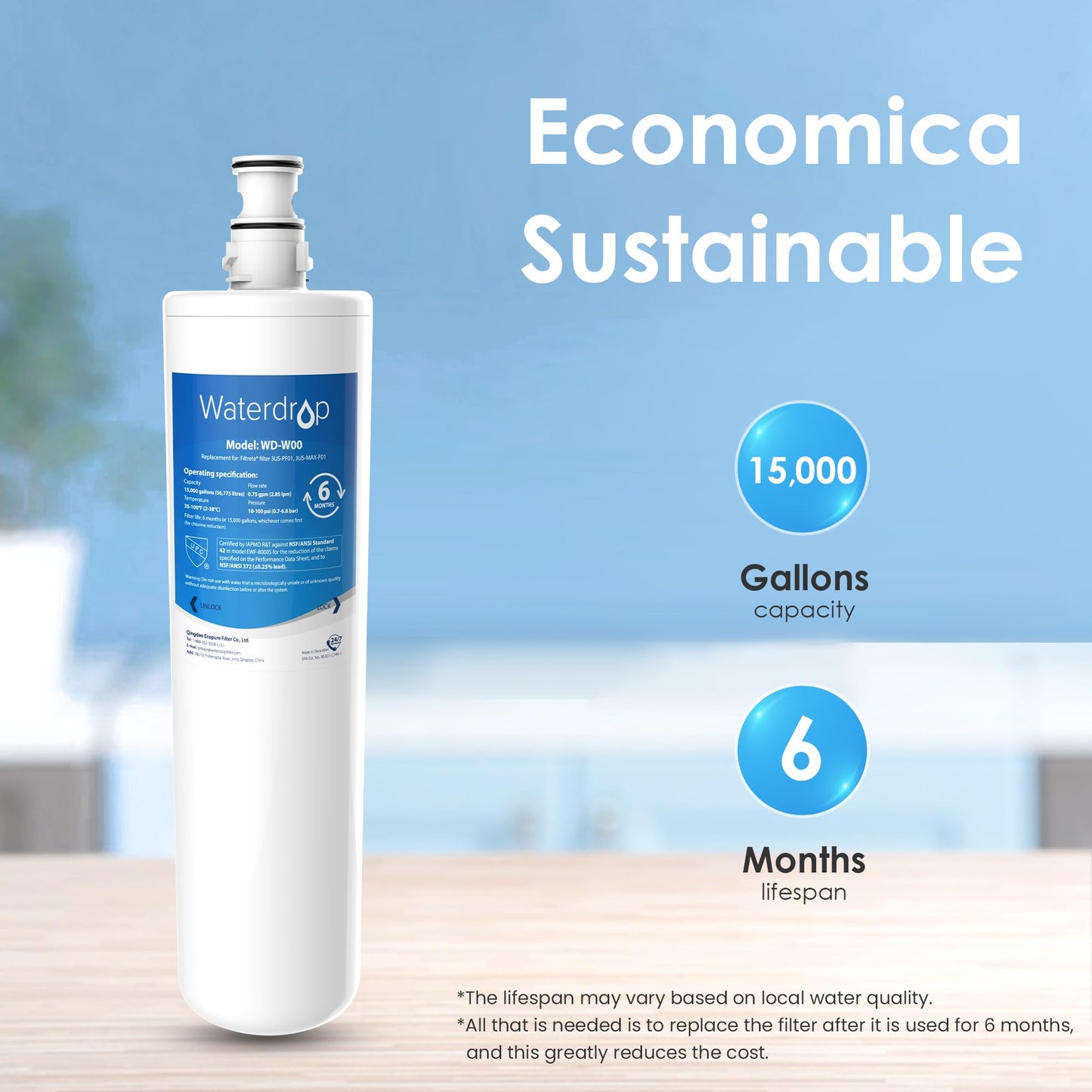 Waterdrop 3US-MAX-F01 Maximum Under Sink Water Filter, Replacement for Filtrete® 3US-PF01, 3US-PS01, 3US-MAX-S01, Aqua-Pure C-Cyst-FF, Manitowoc K-00337, K-00338, NSF/ANSI 42 Certified, Pack of 2