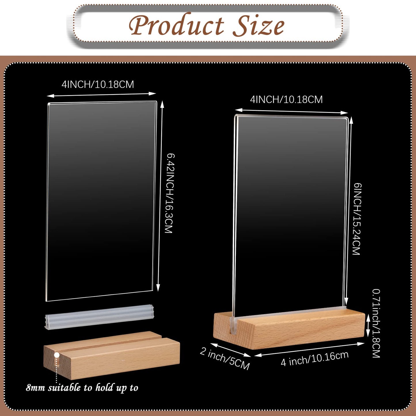 Vinsot 16 Pack 4 x 6 Inch Clear Acrylic Sign with Wood Base T Shape Sign Holder Vertical Blank Stands Desktop Display Plastic Menu Frame Double Sided Flyer Stand for Wedding Restaurant Party Decor