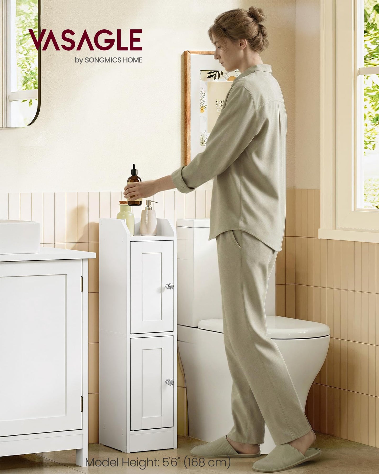 VASAGLE Siren Collection - Slim Storage Cabinet with Reversible Doors, Small Storage Corner Floor Cabinet, Narrow Orgnizer, Adjustable Shelves, Farmhouse, Cloud White UBBK312WB01S