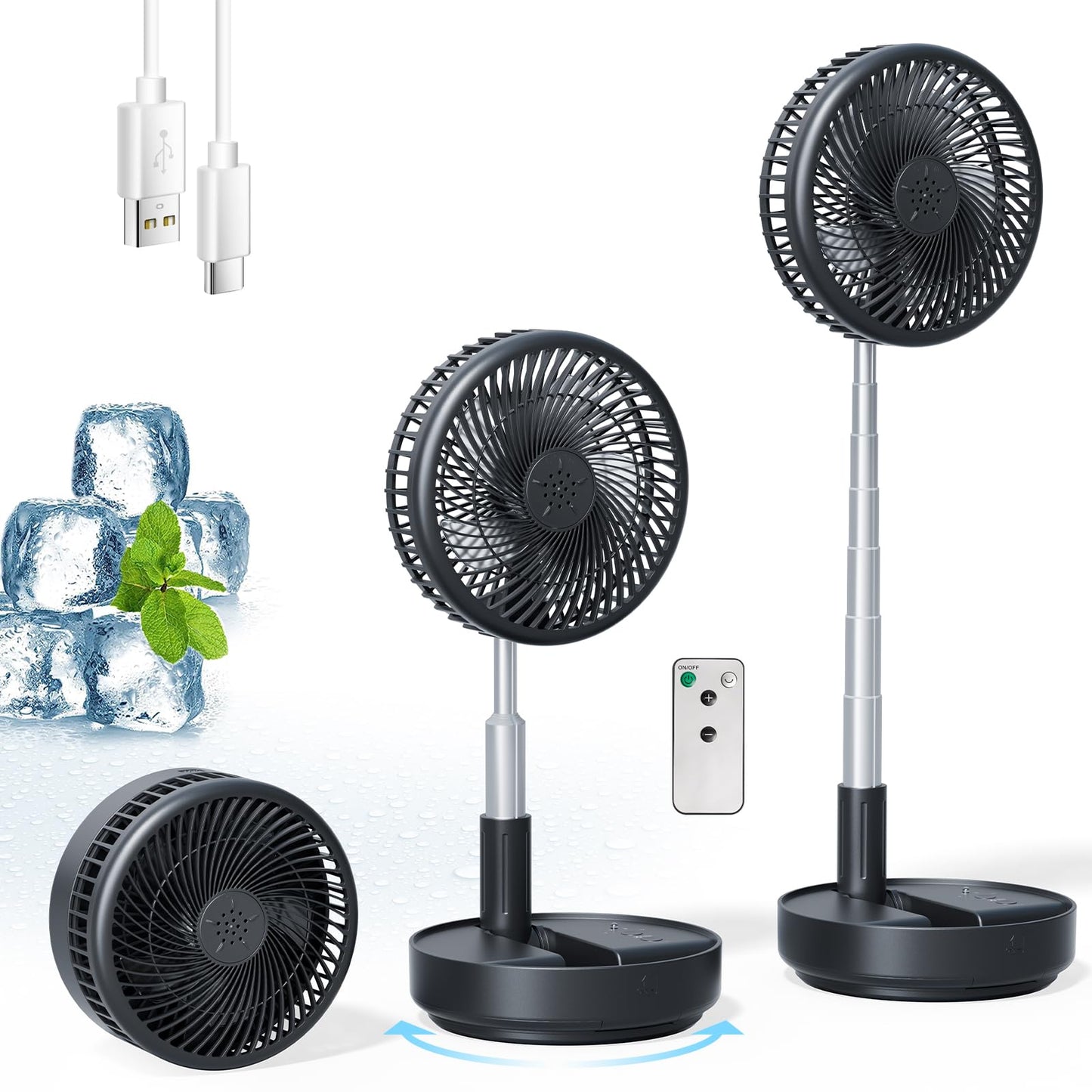 Primelove Portable Oscillating Rechargeable Fan, Battery Operated with 4 Speed Settings & Remote Control, Desk Travel Pedestal Fan for Sleeping, Camping, Cruise, RV - Black 8" USB C