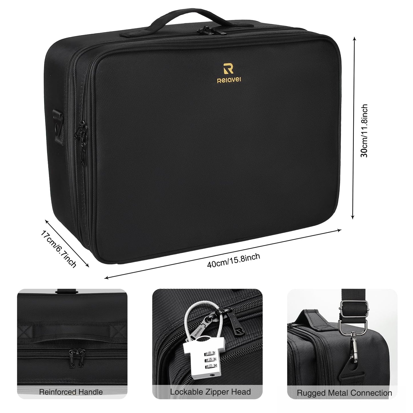 Relavel Large Makeup Organizer Profession Makeup Bag Extra Large Makeup Case with Adjustable Dividers, Adjustable Angle Fixed Belt and Shoulder Strap Plastic Dividers