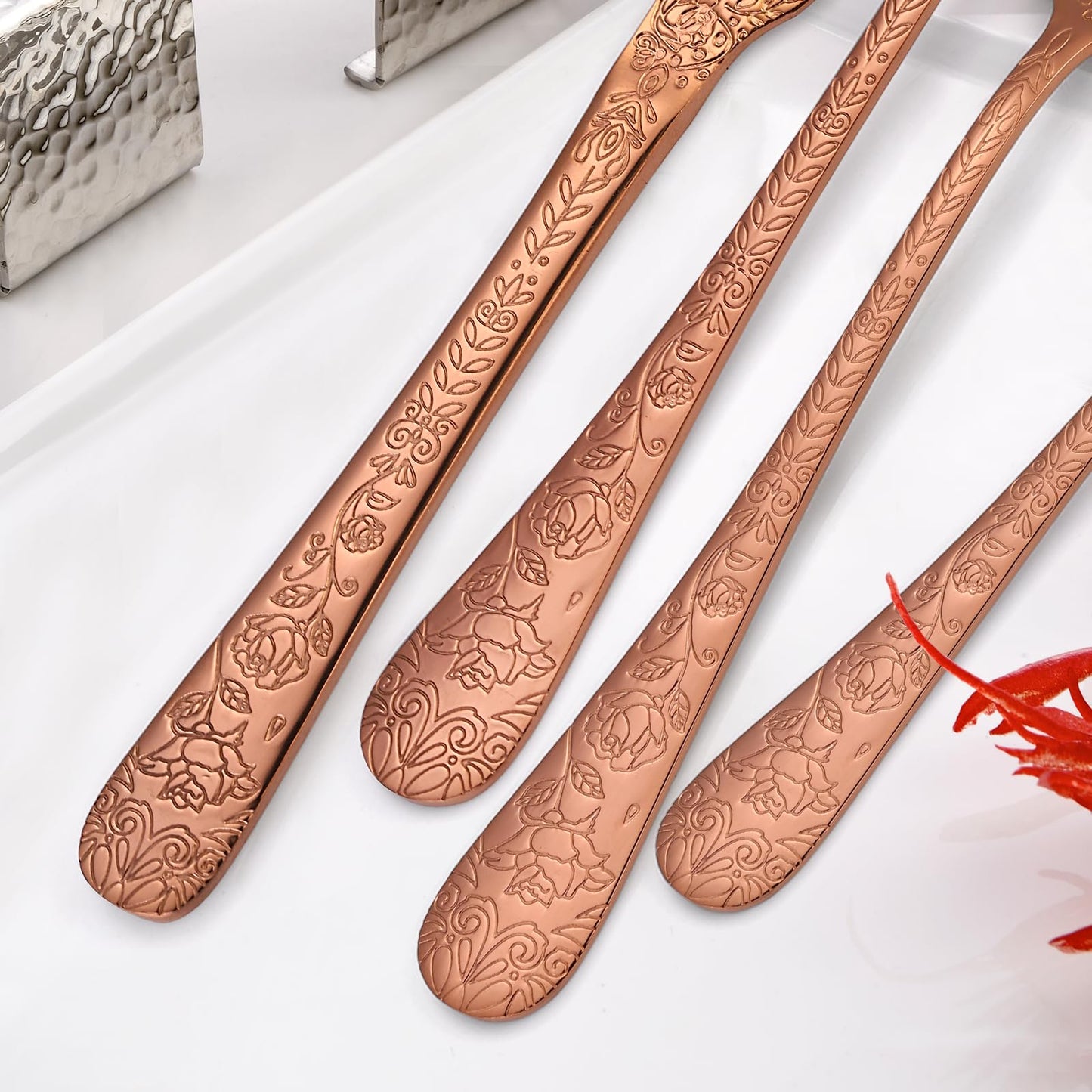 A · HOUSEWARE Vintage Flatware Copper/Rose Gold Floral Silverware 30 Piece Stainless Steel Set for 6 Cutlery Utensils Unique Embossed Pattern Design Elegant Home Kitchen Restaurant Festival Parties…