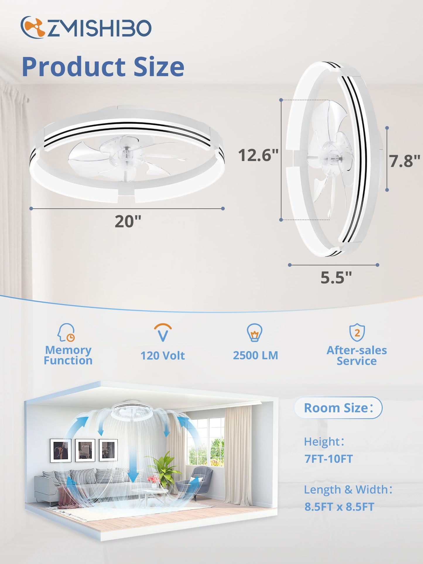 ZMISHIBO Low Profile Ceiling Fans with Lights and Remote, 20 Inch Flush Mount Ceiling Fan with Light, 3000K-6000K Dimmable Fandelier LED Fan Light, 6 Wind Speeds White Ceiling Fans for Bedroom