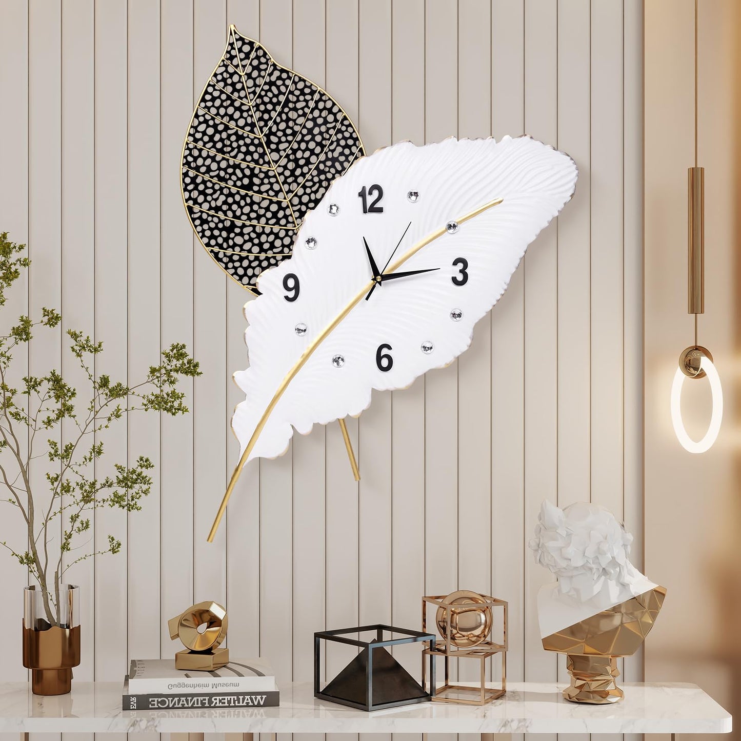 Anmotpe 18x27 inch Large Modern Feather Leaf Shape Wall Clock for Living Room Decor, White Unique Silent Decorative Art Clock for Home Bedroom Office Dining Kitchen