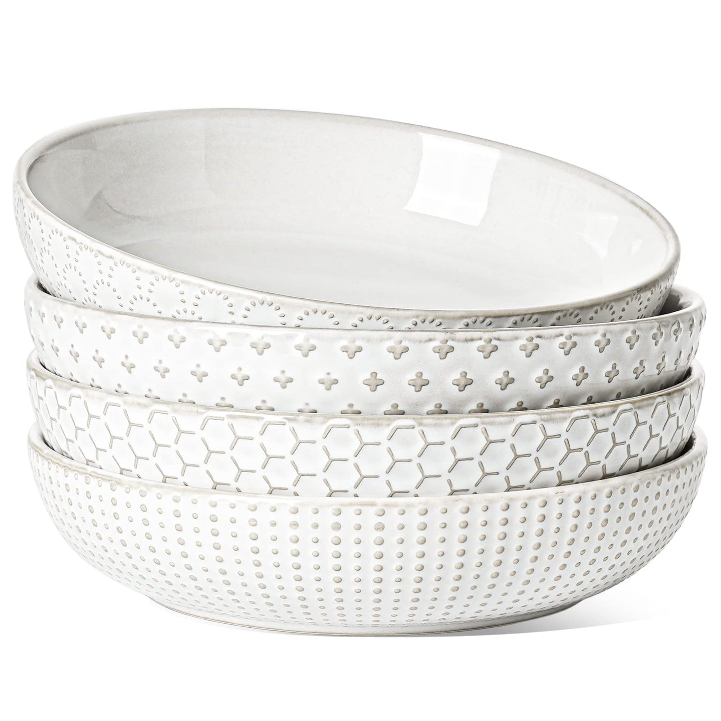 LE TAUCI Pasta Bowl 36 oz, Salad Bowl Serving Plate Bowls, Housewarming Wedding Present, Ceramic Embossment Bowl for Pasta, Fruits, Salad, Noodle, Dinner - 8 Inch, Set of 4, Arctic White