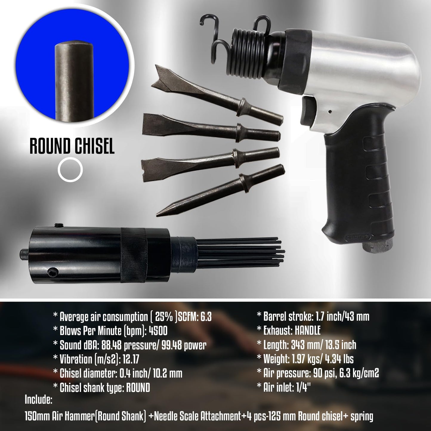 LE LEMATEC Air Needle Scaler with Air Chisel Kit, 4800 BPM Pneumatic Air Hammer Needle Gun for Metalworks, Rust, Weld & Paint Remover, Pistol Grip Metal Scraper Air Compressor Accessories (LE-AN324K)