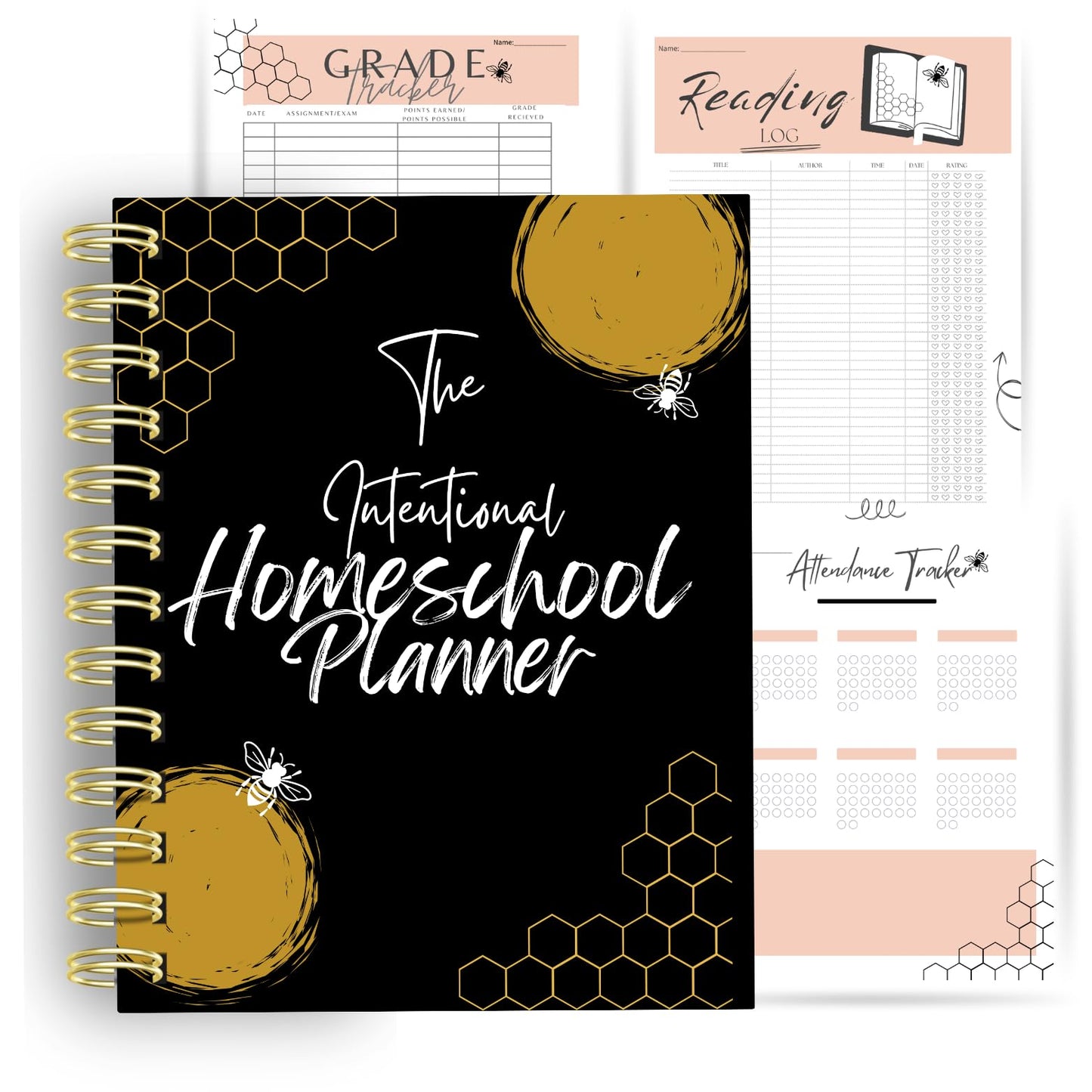 Homeschool Planner Undated for Moms - 180 Daily Pages + 12 Monthly Calendars | 8.5x11 Gold Spiral Bound | Attendance, Reading Log, Grade Tracker