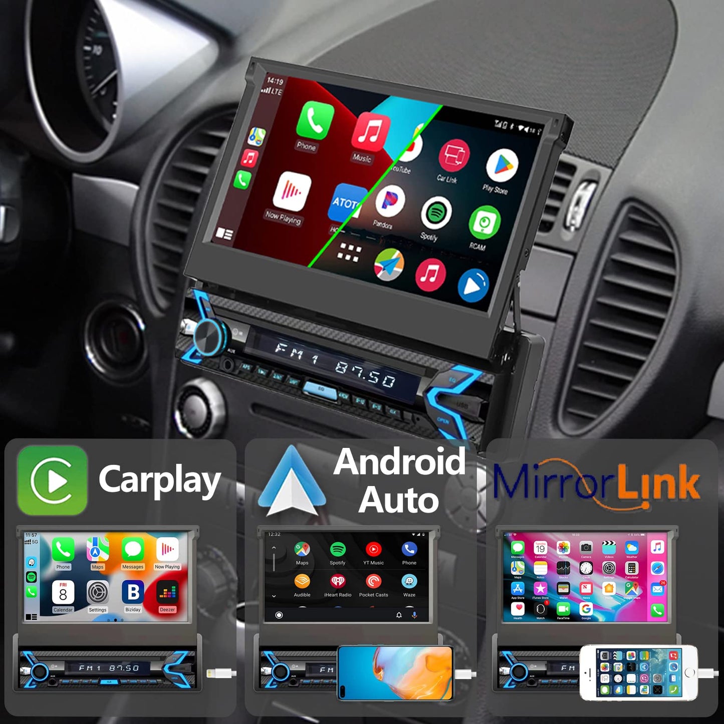 Naifay Single Din Car Stereo Compatible with Apple Carplay & Android Auto, 7inch Flip Out Touchscreen Car Radio with Bluetooth Foldable Car Audio Receivers, Mirror Link/Camera/FM/USB/AUX/TF/Subwoofer