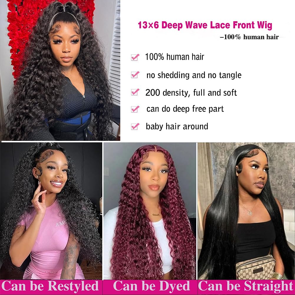 30 Inch Deep Wave Lace Front Wigs Human Hair 13x6 HD Lace Front Wigs Human Hair Pre Plucked 200% Density Deep Curly Human Hair Lace Frontal Wigs For Women