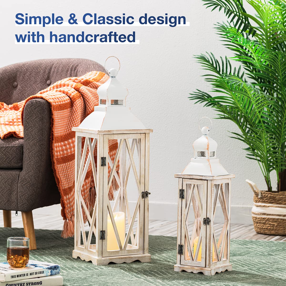 Glitzhome Large Farmhouse Wooden Metal Lantern Set of 2, 28.74" H/20.47" H Rustic Decorative Floor Candle Lanterns, Distressed Hanging Lanterns for Home Décor White (No Glass)