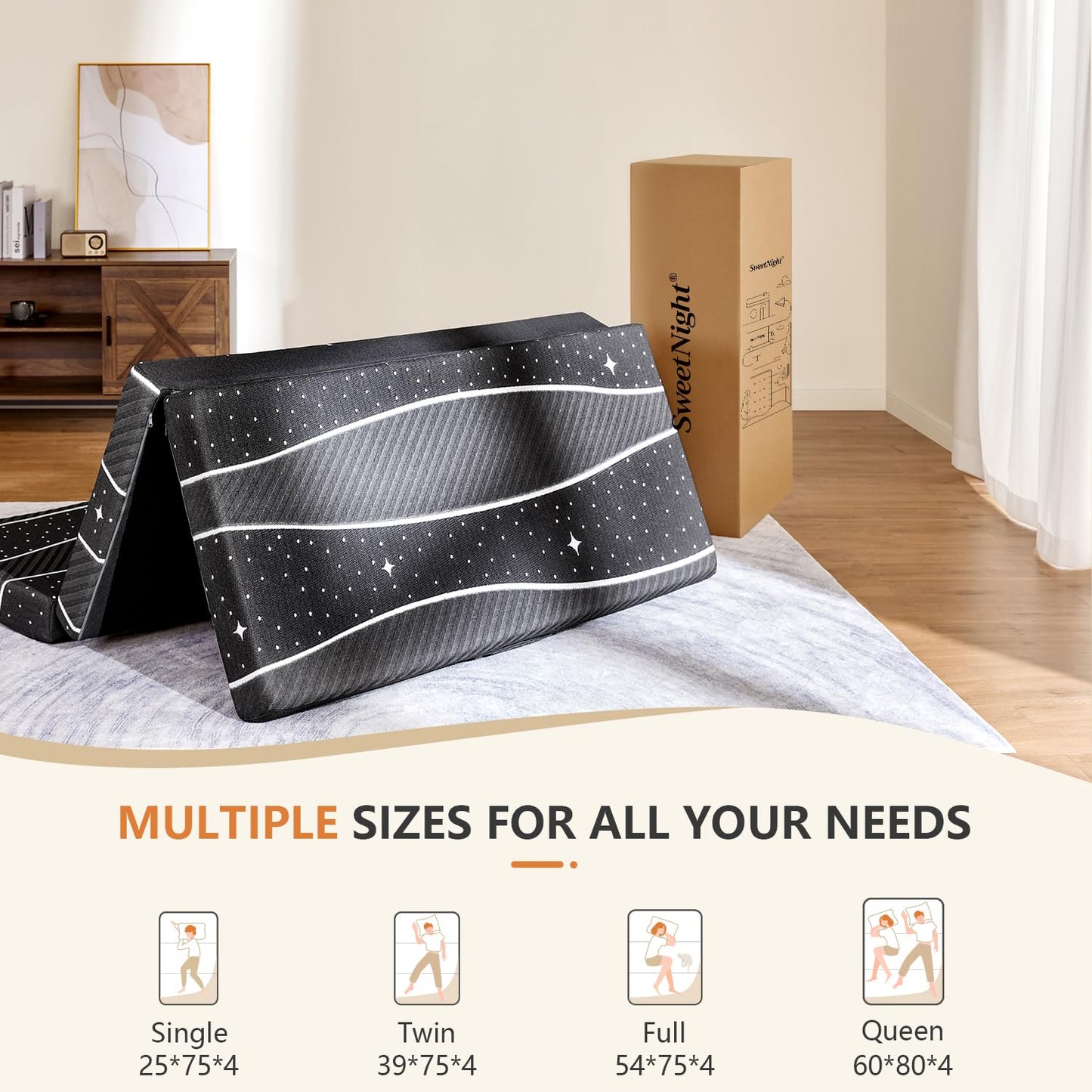 Sweetnight Tri-fold Mattress Topper- 4 Inch Dual-Layer Foam Folding Mattress | Removable & Washable 500G Superfine Fiber Cover | Suitable for Camping, RV & Home Use （Single）
