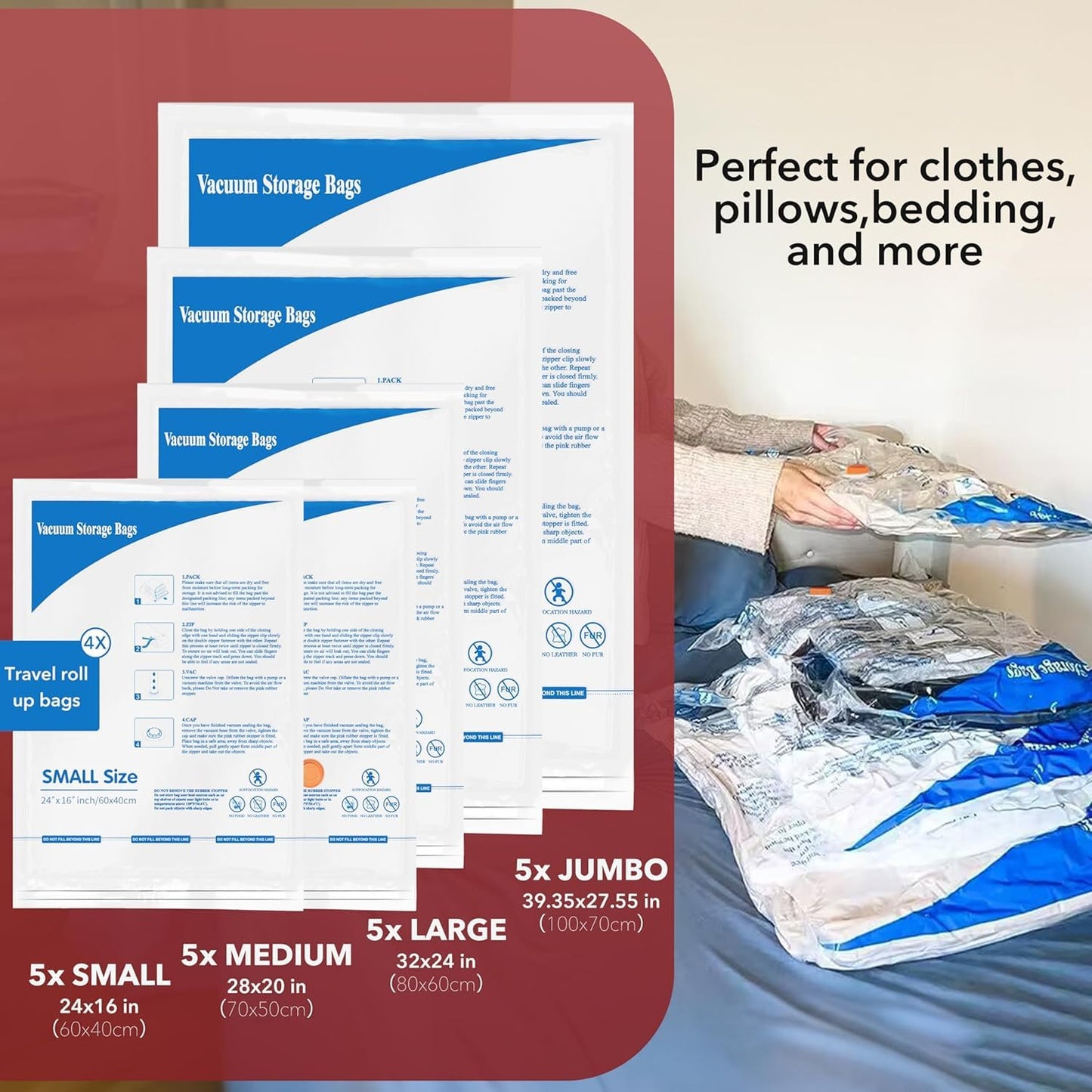 Vacuum Seal Bags for Clothing Travel & Home Storage, travel vacuum bags with pump, Store Blankets, Comforters, Pillows, Seasonal Clothes Compactly,36 Pack With Electric Pump