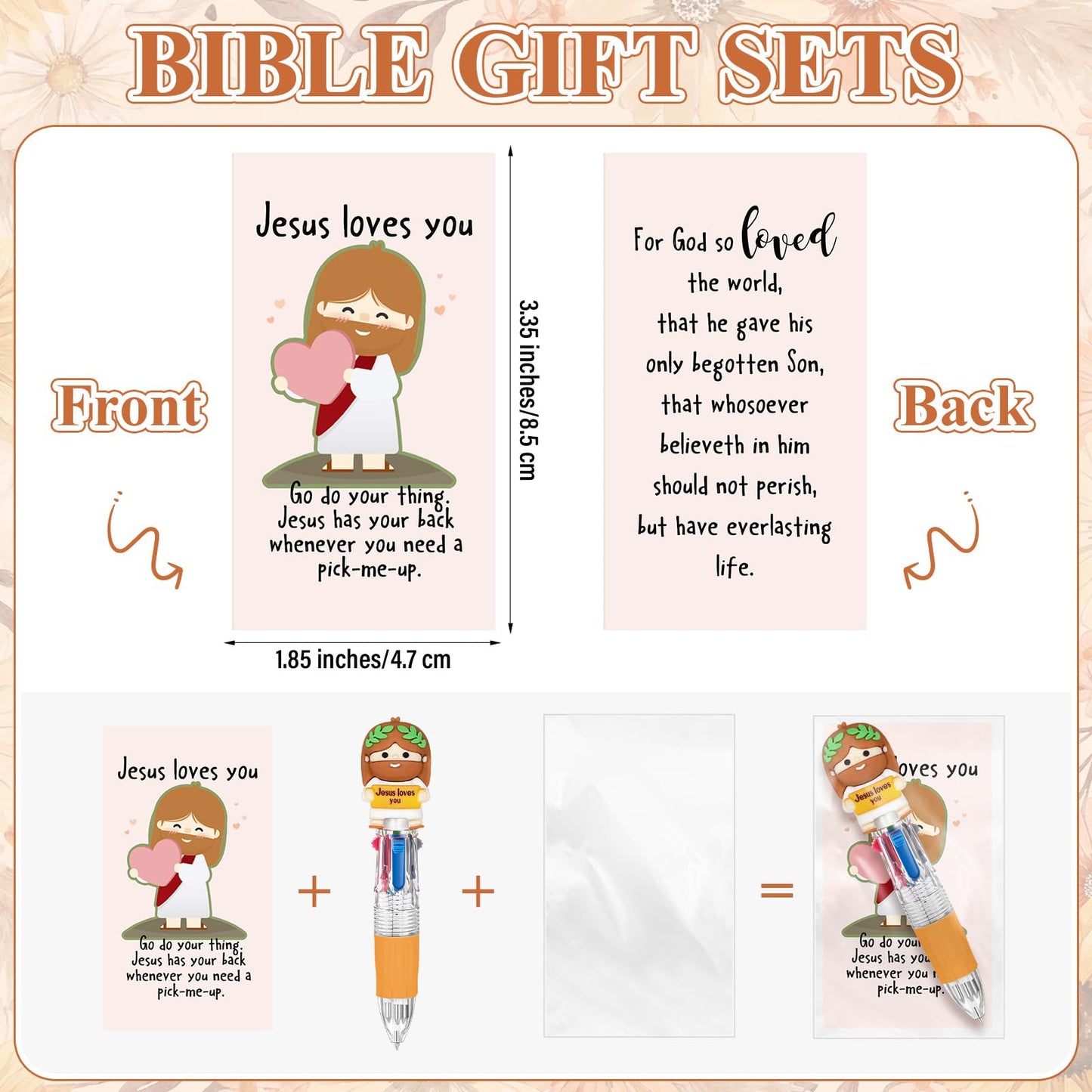 Sayglossy 100 Sets Christian Little Jesus Figure Pens Gifts Bulk, 4-in-1 Jusus Loves You Multicolor Ballpoint Pen Favor with Positive Cards for Friends Church Member Prizes Reward