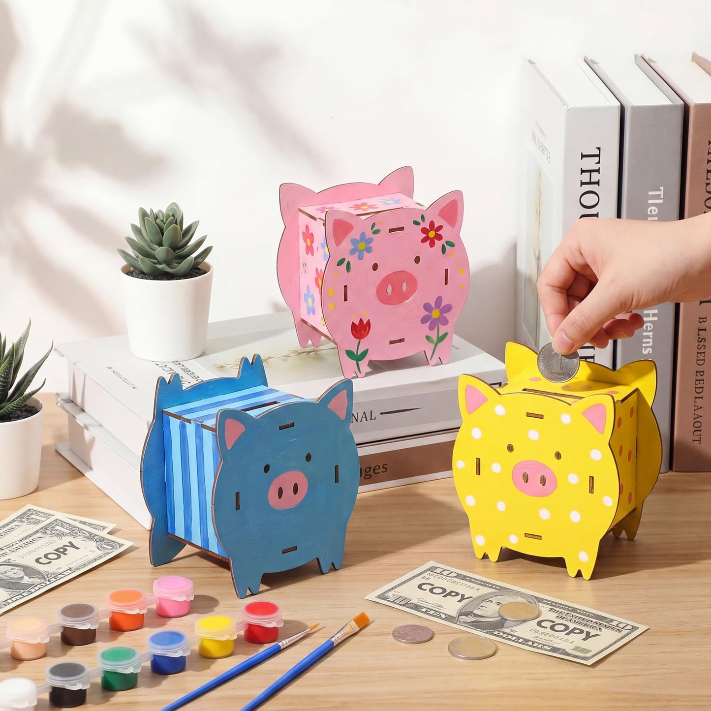 Weysat 12 Set DIY Wooden Piggy Banks Kit Unfinished Pig Coin Banks Craft with Paint Strips Brushes Palette Money Saving Box Small Change Container Art Craft Fo Birthday Home Festival Gift