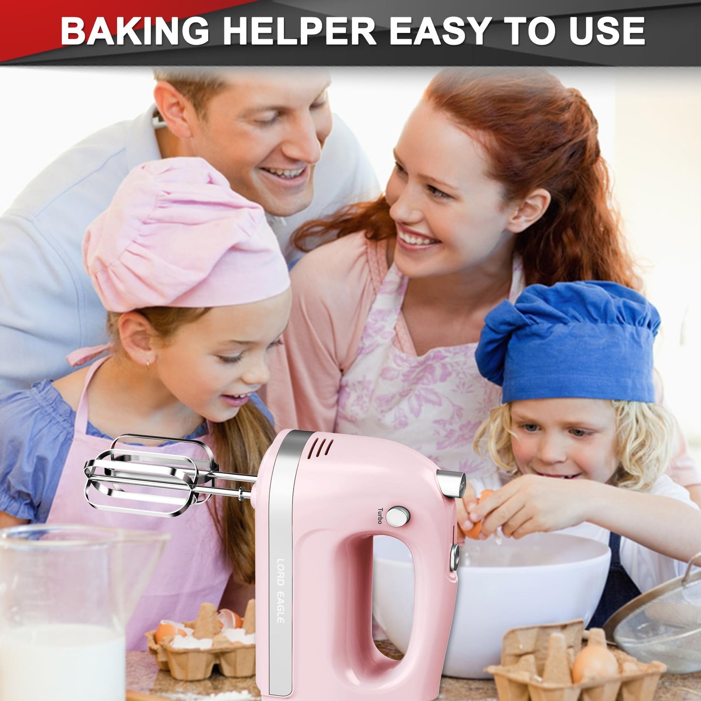 Lord Eagle Hand Mixer Electric Handheld 400W, 5-Speed Lightweight Kitchen Mixer with Storage Case, 5 Stainless Steel Attachments for Baking Cake Egg Cream Food Beater, Turbo+Eject Button, Pink