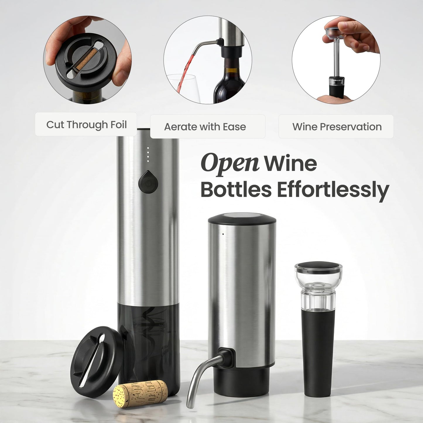 Electric Wine Opener Gift Set — Rechargeable All-in-One Wine Accessories Kit with Automatic Bottle Opener, Foil Cutter, Vacuum Stopper, Aerator & Dispenser — Best Wine Lover Gifts for Women & Men