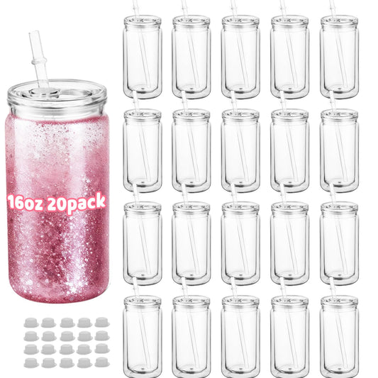 Cuguords 20 Pack Bulk 16oz Snow Globe Tumblers with Lids, Straws & Plugs, Double Wall Acrylic Plastic Cups, Pre-Drilled Hole DIY Snowglobe Tumbler Supplies, Clear Vaso Para Decorar con Glitter